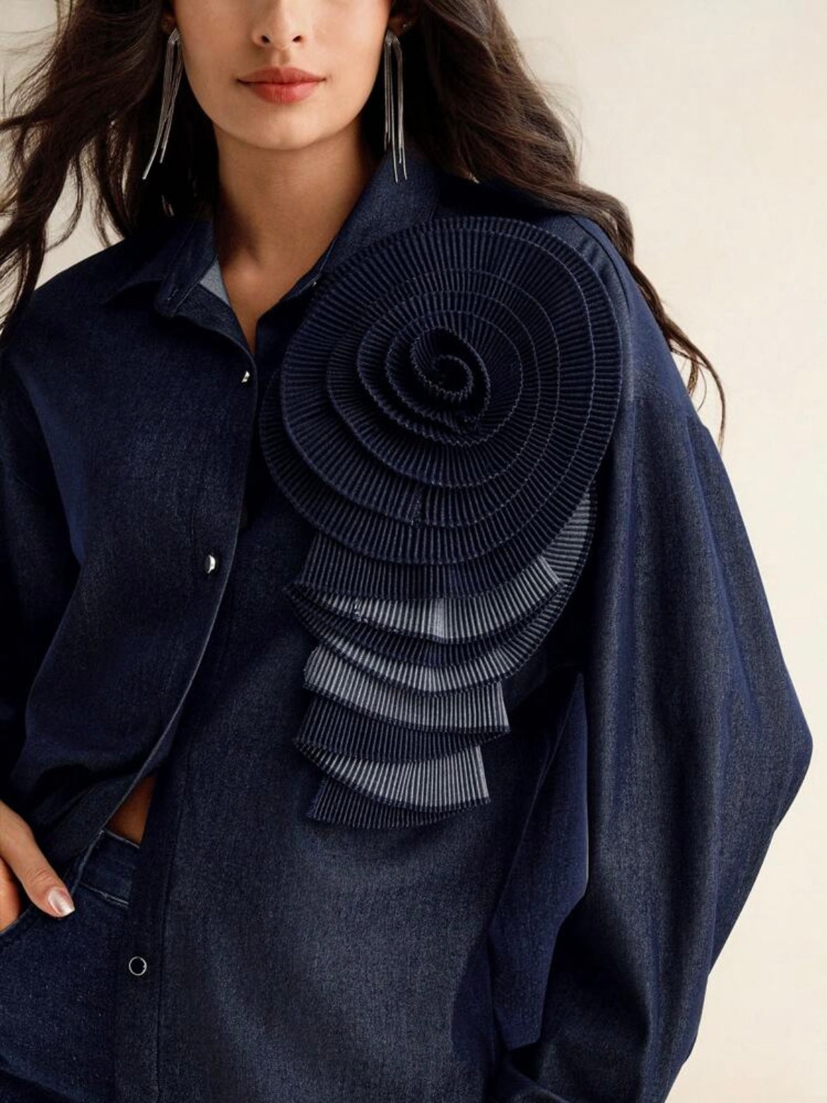 CM-TS053019 Women Elegant Seoul Style Drop Shoulder Collared Pleated 3D Floral Denim Blouse