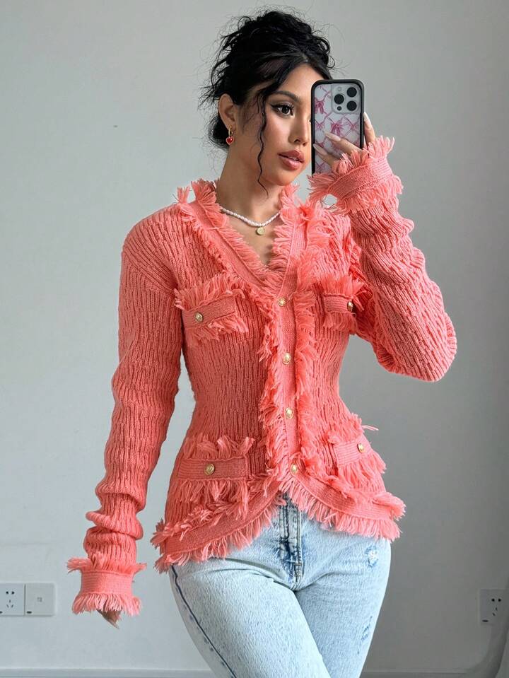 CM-CS419864 Women Casual Seoul Style Button Pockets Fringed Edges Long Sleeve Cardigan - Pink