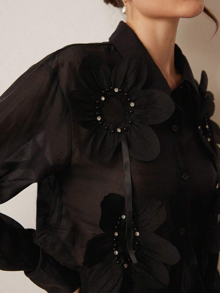 CM-TS577439 Women Elegant Seoul Style Floral Embroidery Sequins Splice Sheer Long Sleeve Blouse - Black