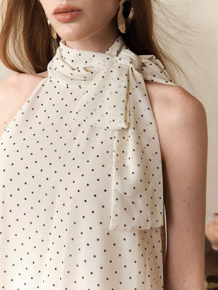 CM-SS977463 Women Trendy Bohemian Style Chiffon Polka Dot Print Sleeveless Halter Neck Top With Skirt - Set