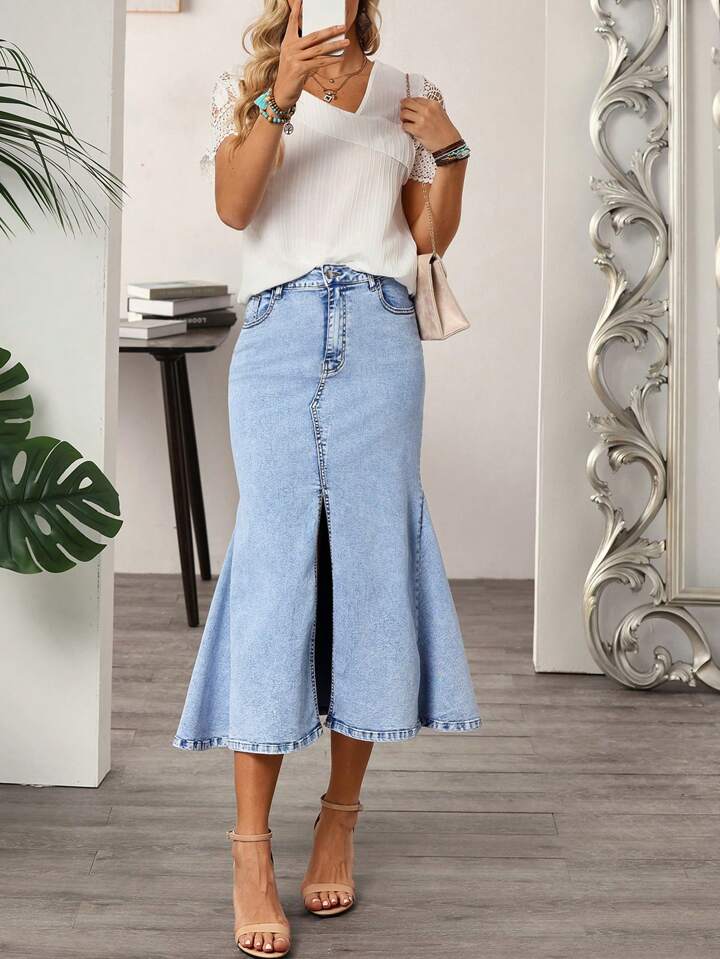 CM-BS277461 Women Casual Seoul Style Washed Slit Mermaid Hem Denim Skirt - Blue