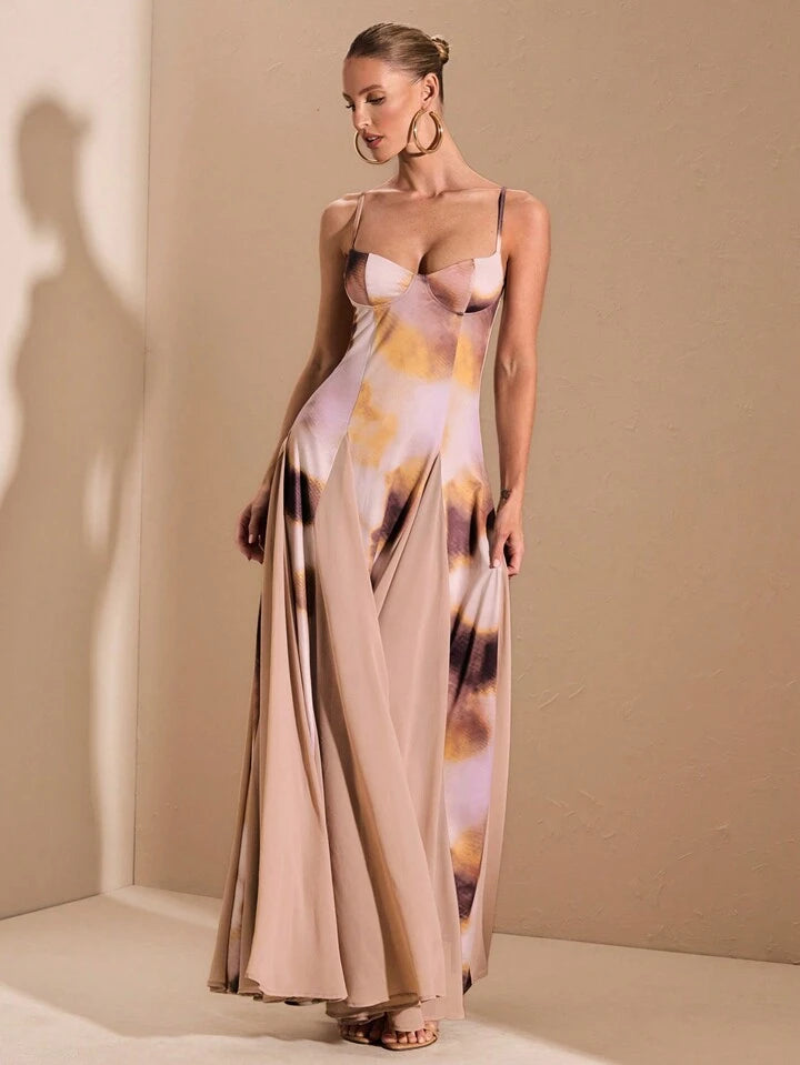 CM-DS498440 Women Elegant Seoul Style Multi-Color Ombre Print Patchwork Oversized Hem Long Dress