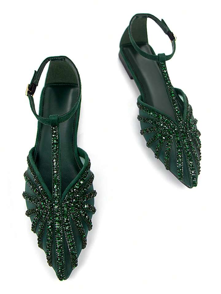 CM-SHS769972 Women Trendy Seoul Style Rhinestone Mesh Decor Pointed Toe Hollow Out Ankle Strap Flat Shoes - Dark Green
