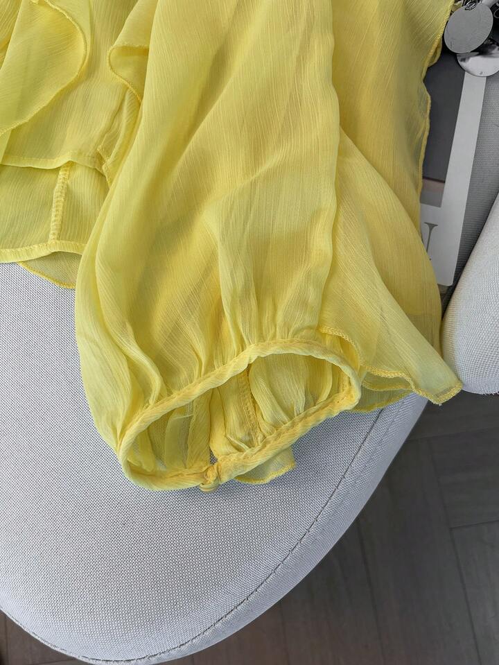 CM-TS956395 Women Casual Seoul Style V-Neck Solid Color Layered Ruffle Trim Long Sleeve Blouse - Yellow