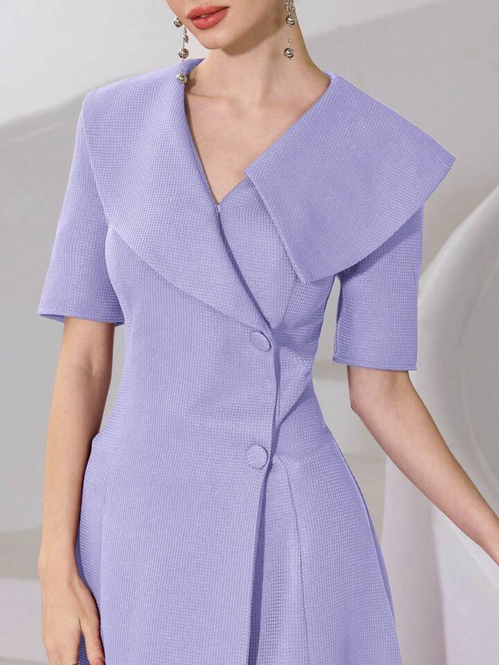 CM-DS792589 Women Elegant Seoul Style Solid Color V-Neck Short Sleeve Front Button Long Dress - Purple