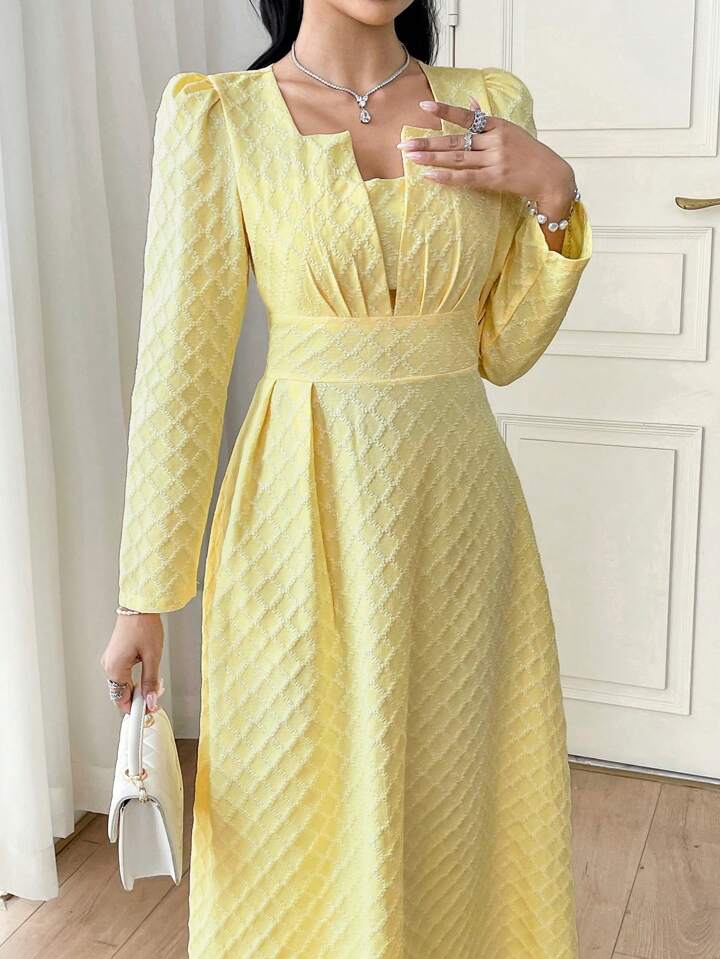 CM-DS227858 Women Elegant Seoul Style Square Neck Puff Sleeve Plaid Jacquard Gathered Dress - Yellow
