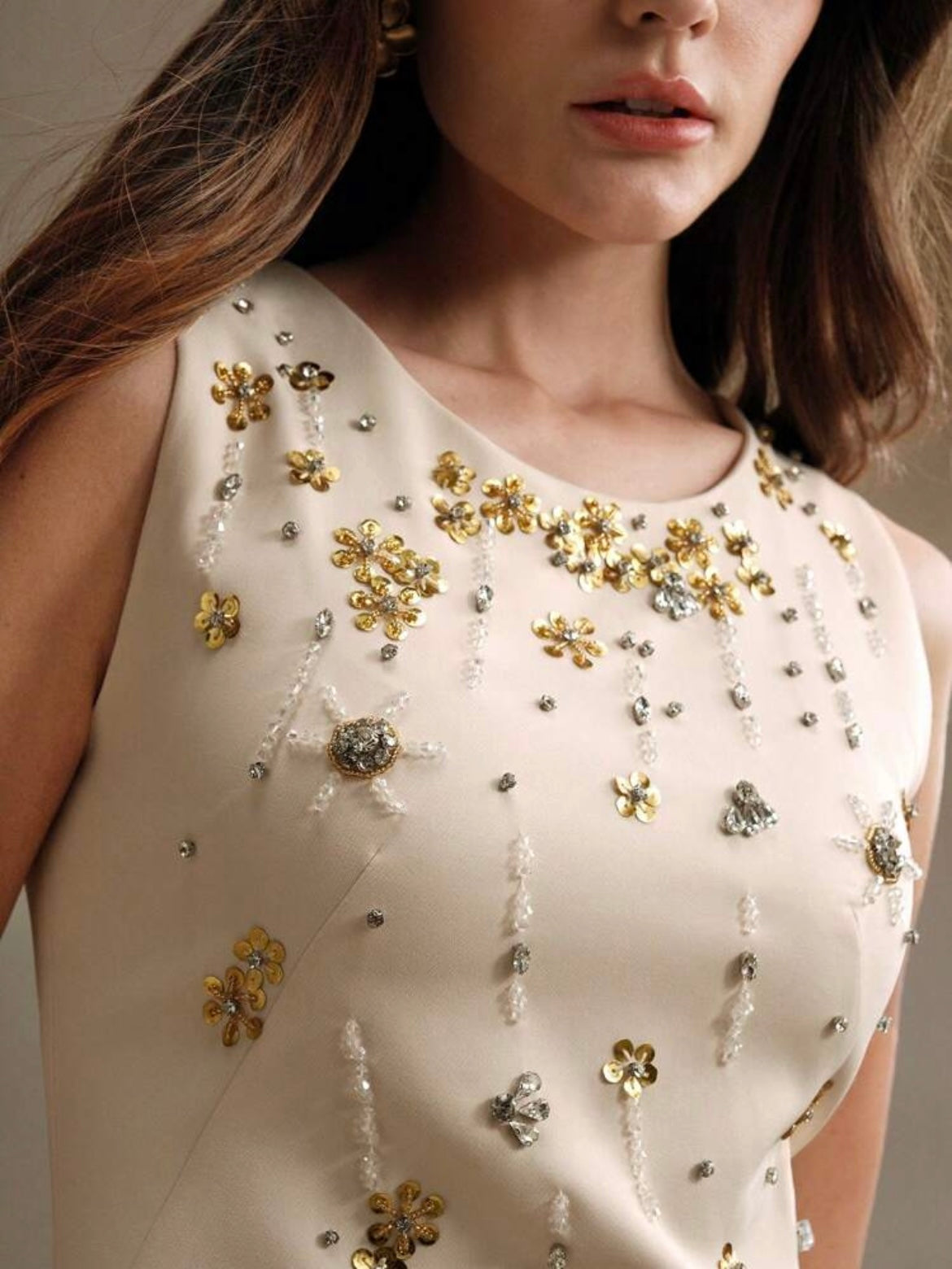 CM-DS466951 Women Elegant Seoul Style Round Neck Sleeveless Beaded Waist-Cinched Short Dress - Apricot