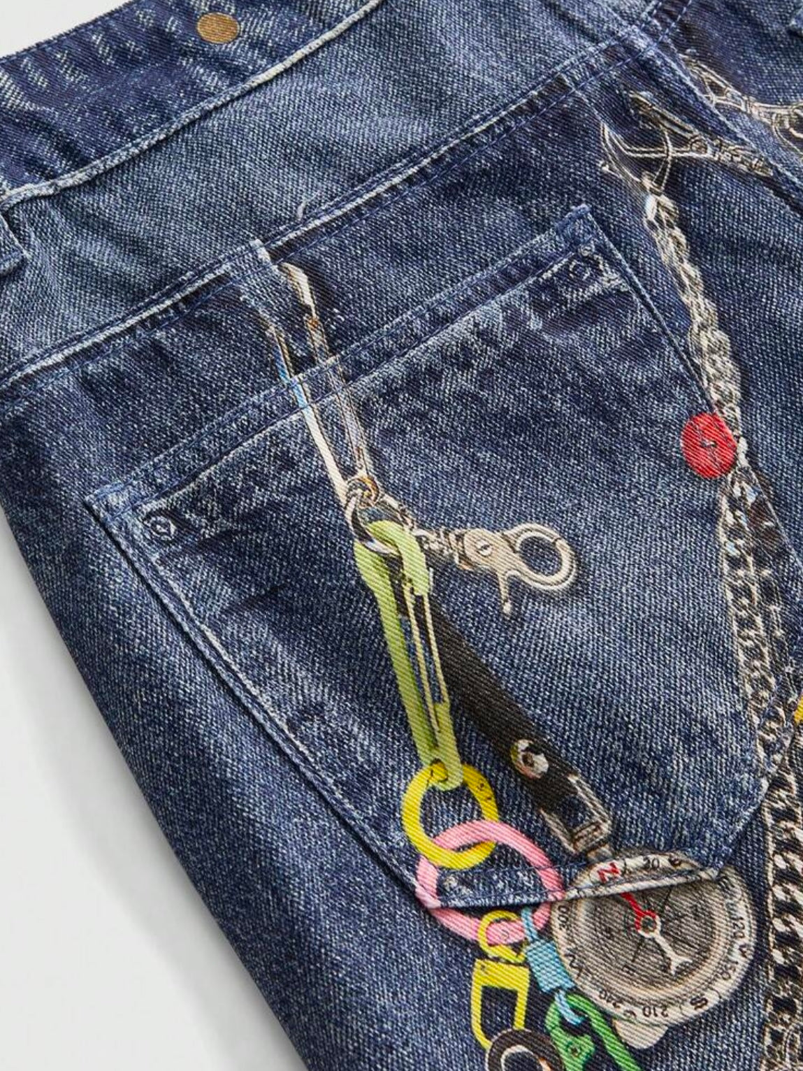CM-BS535636 Women Casual Seoul Style Distressed Washed Chain Badge Print Wide Leg Jeans - Blue