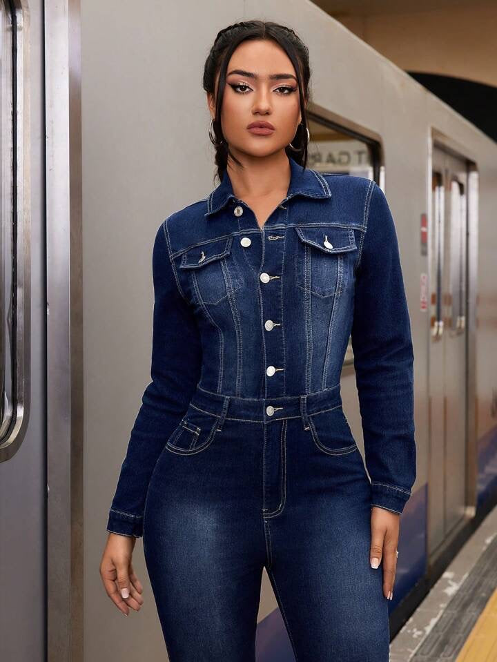 CM-JS247799 Women Casual Seoul Style Dark Wash Long Sleeve Stretchy Denim Jumpsuit