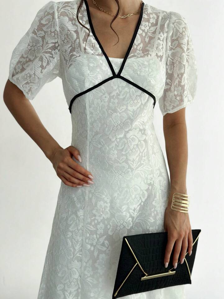 CM-DS334369 Women Elegant Seoul Style Contrast Color Deep V-Neck Short Sleeve Lace A-Line Dress