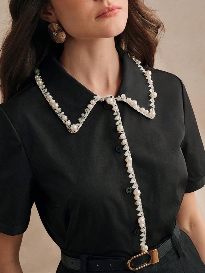 CM-TS219984 Women Elegant Seoul Style Studded Pearl Trim Collar Short Sleeve Blouse - Black