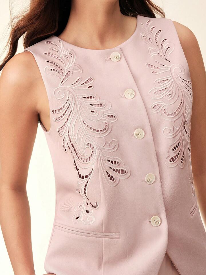 CM-TS467822 Women Elegant Seoul Style Hollow-Out Round Neck Sleeveless Camisole - Dusty Pink