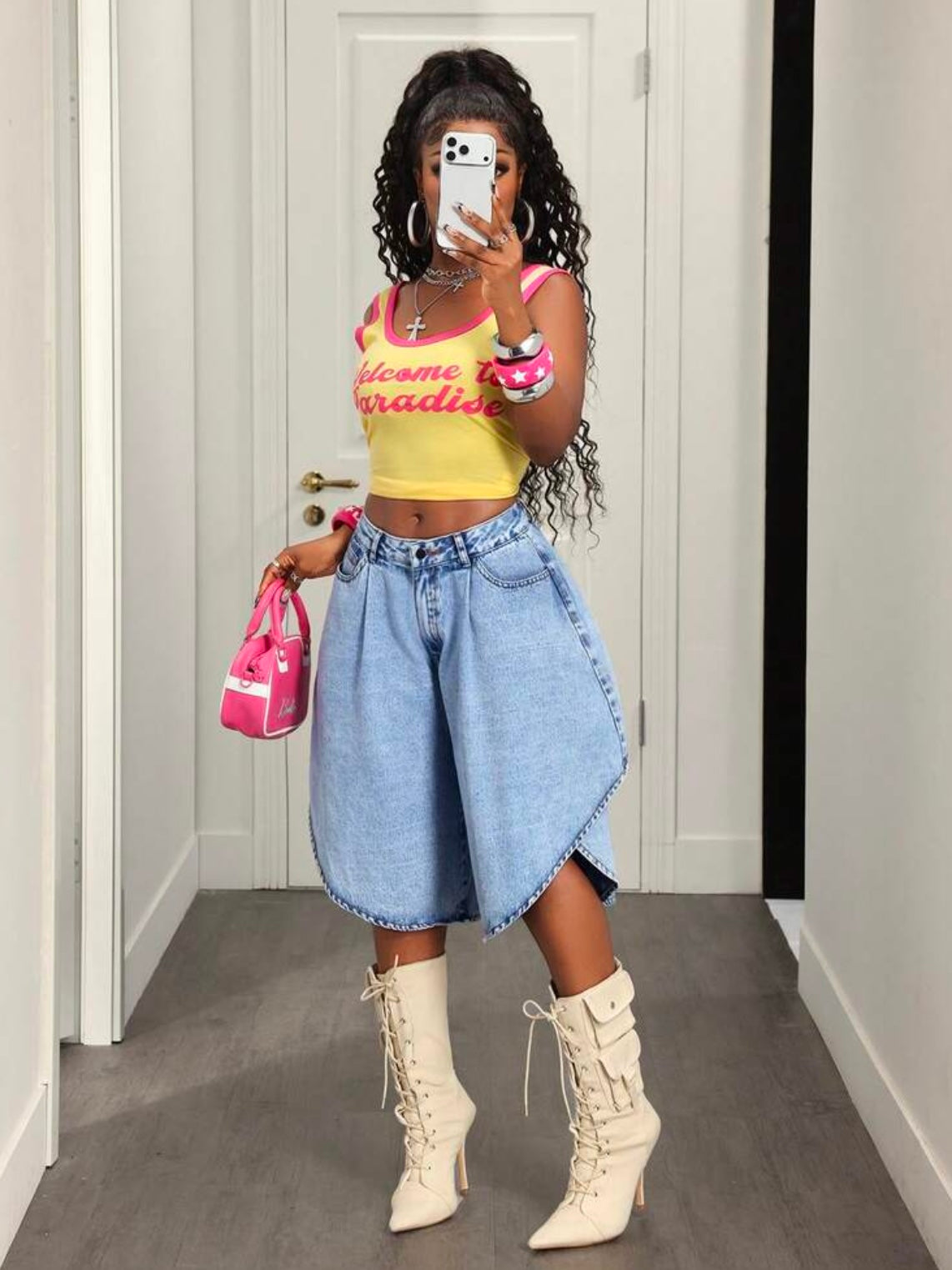 CM-BS362252 Women Casual Seoul Style Mid Waist Loose Fit Wide Leg Denim Shorts - Blue