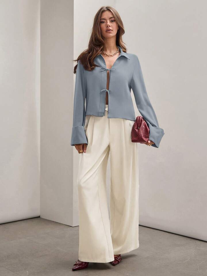 CM-TS815344 Women Trendy Bohemian Style Shirt Collar Front Tie Long Sleeve Shirt - Baby Blue