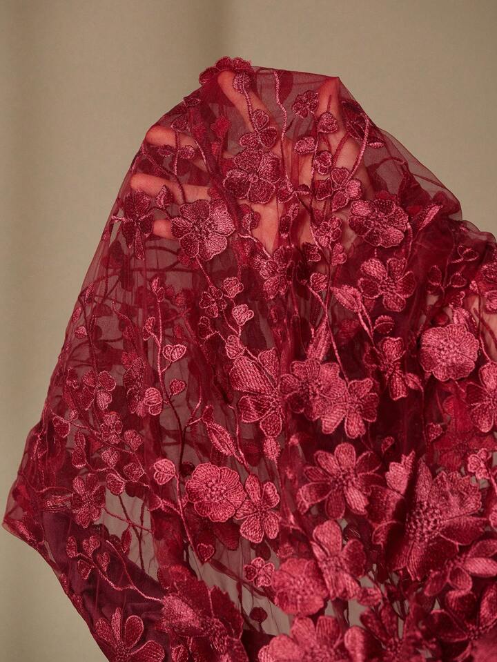 CM-DS735113 Women Elegant Seoul Style Stand Collar Cinched Waist 3D Floral Embroidery Dress - Red Violet