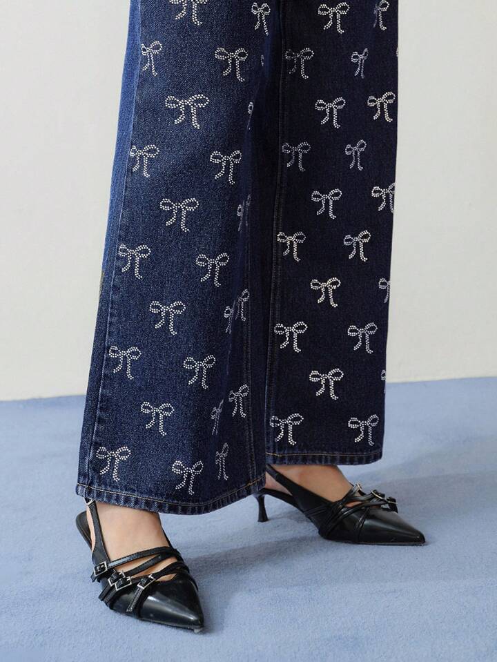 CM-BS221303 Women Elegant Seoul Style Bow All Over Print Wide Leg Jeans - Blue