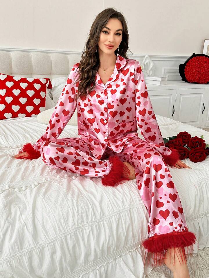 CM-LS331818 Women Trendy Seoul Style Faux Fur Patchwork Long Sleeve Top With Long Pants Pajama Set