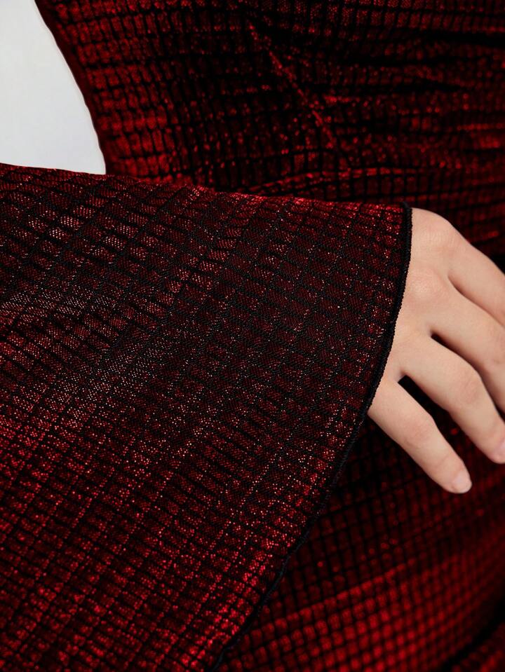 CM-DS336941 Women Elegant Seoul Style Wrap Draped Square Neck Bell Sleeve Dress - Burgundy
