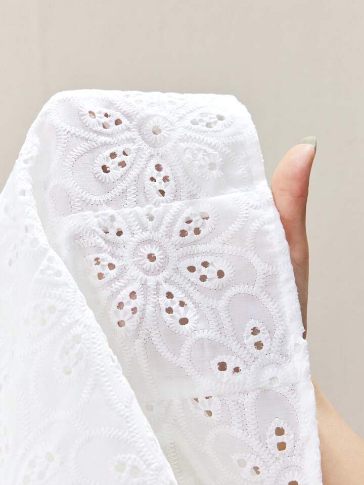 CM-TS190360 Women Trendy Seoul Style V-Neck Front Button Embroidery Hollow Out Lantern Sleeve Blouse - White