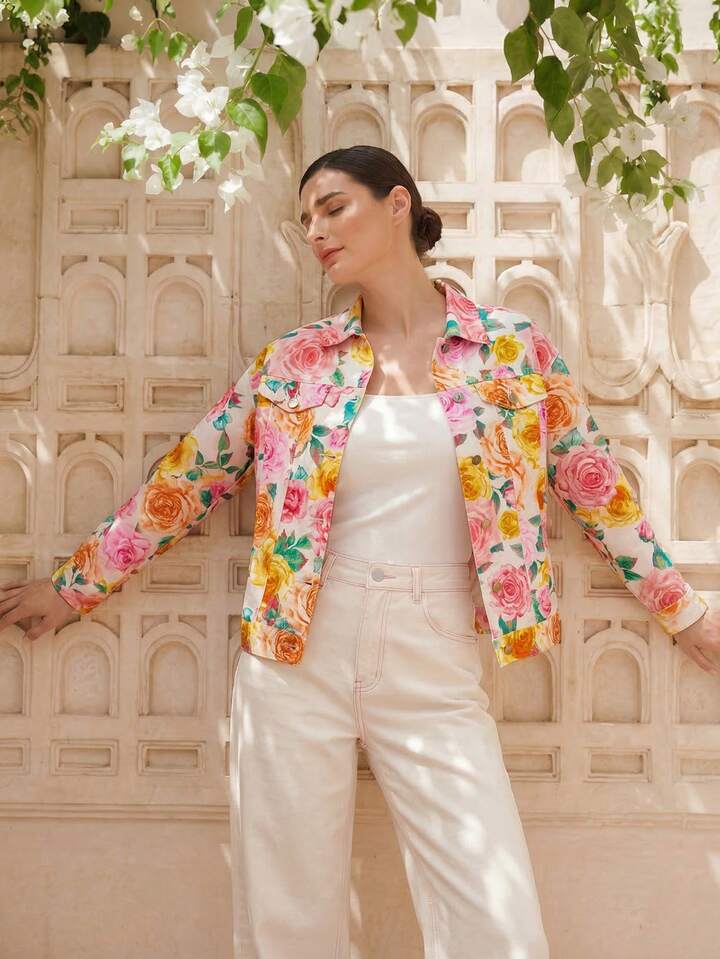 CM-CS615979 Women Casual Seoul Style Collar Neckline Long Sleeve Rose Floral Print Loose Denim Jacket