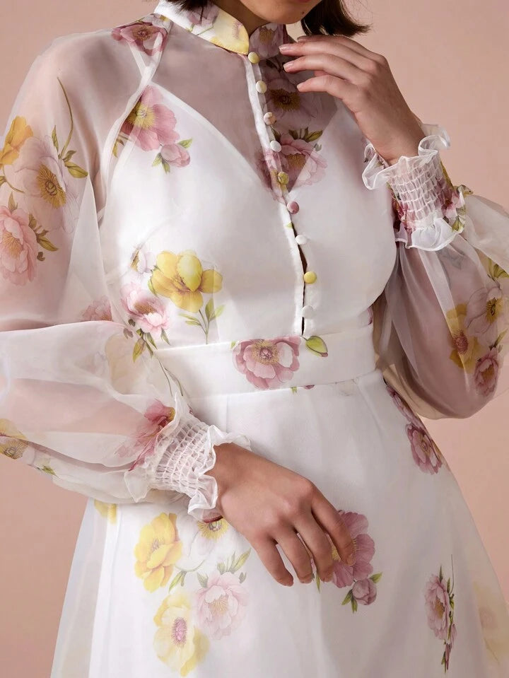 CM-DS711597 Women Elegant Seoul Style Collar Neckline Long Sleeve Floral Print Mesh Overlay Dress