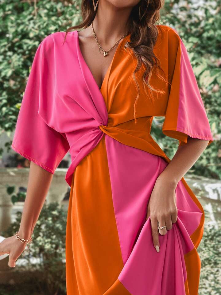 CM-DS037507 Women Trendy Bohemian Style Two Tone Twist Front Split Hem Dress