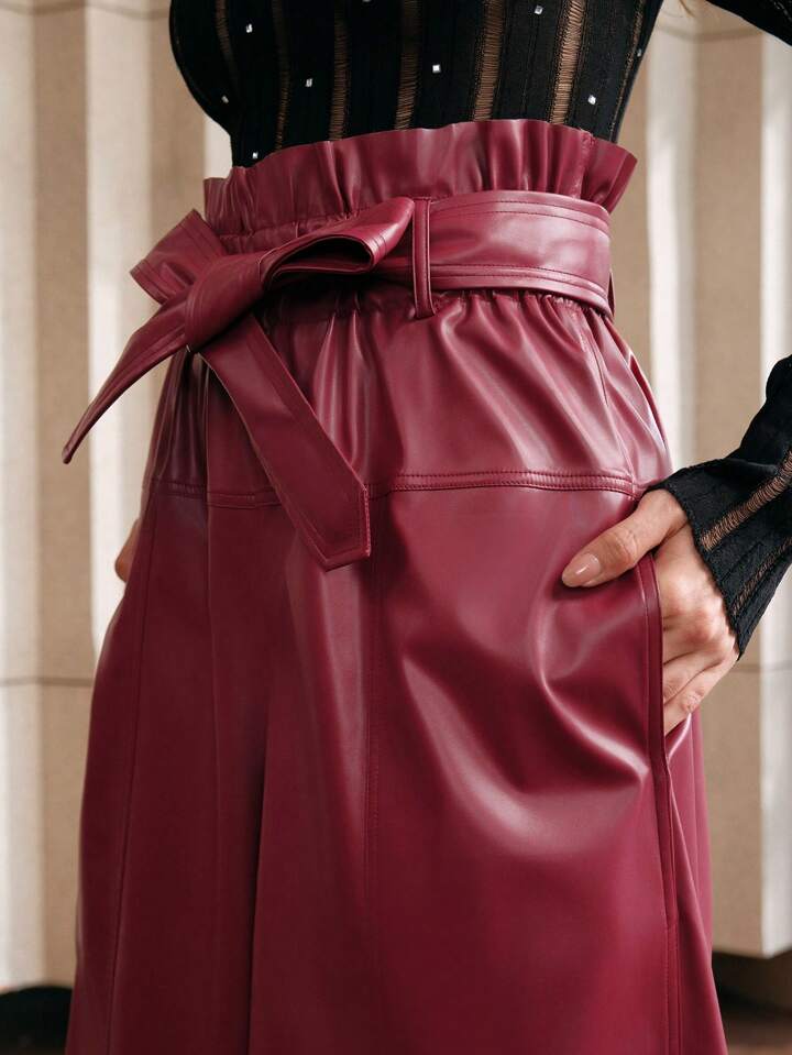 CM-BS309939 Women Elegant Seoul Style High Waist Faux Leather Wide Leg Pants - Red