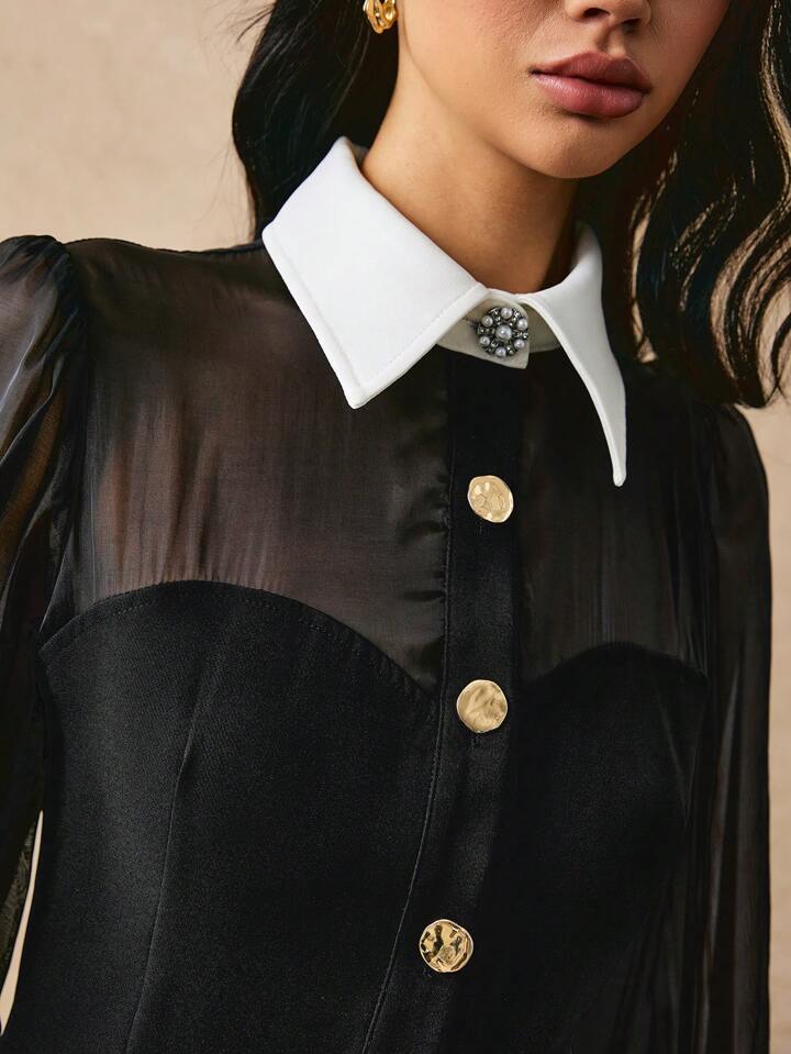 CM-DS490569 Women Elegant Seoul Style Color Block Button Front Long Sleeve Maxi Dress - Black