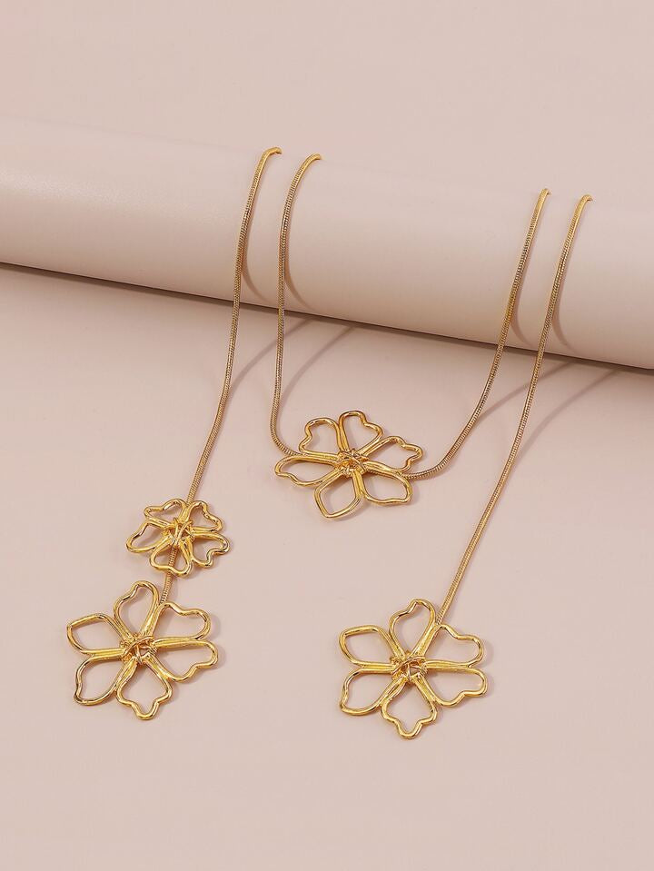 CM-AXS150589 Women Trendy Seoul Style Metal Flower Pendant Long Necklace - Yellow Gold