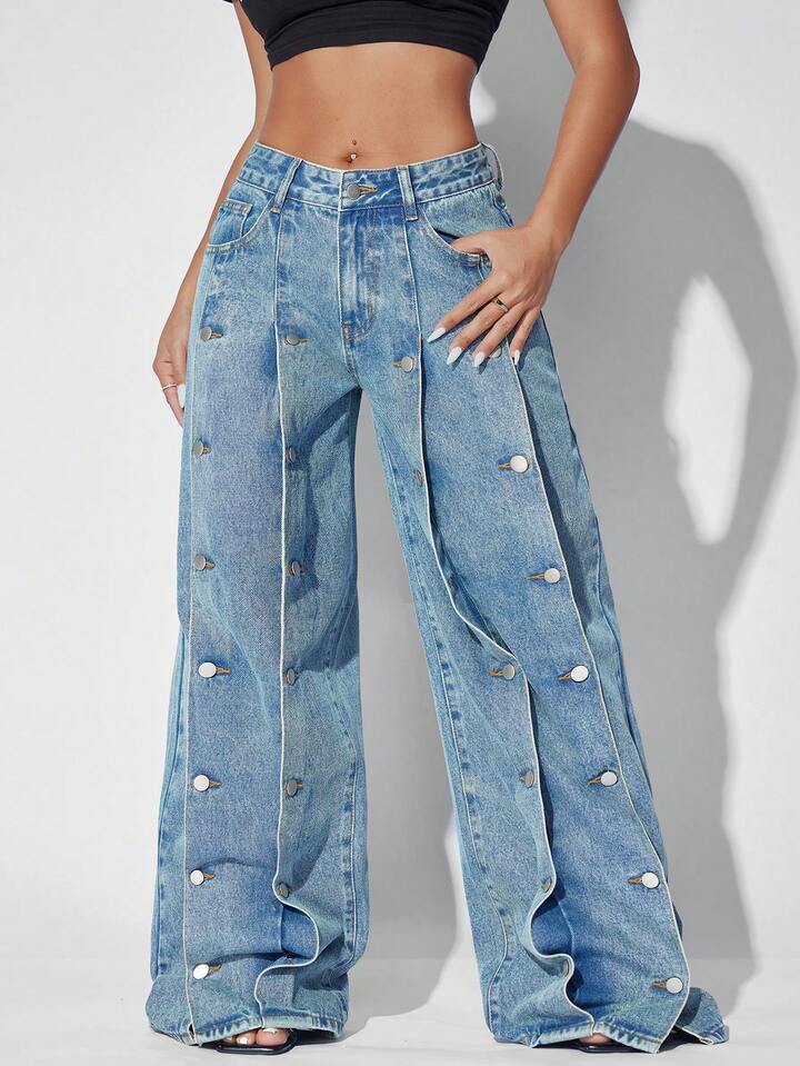 CM-BS439523 Women Casual Seoul Style Low Waist Loose Side Pocket Wide Leg Denim Jeans - Blue
