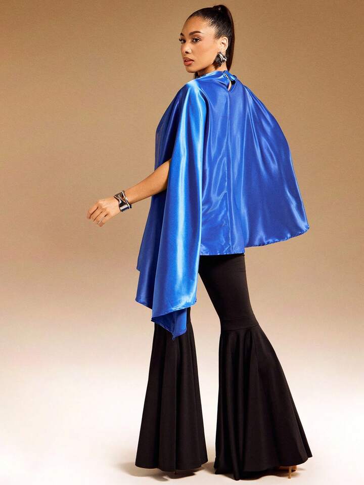 CM-TS529165 Women Elegant Seoul Style Stand Collar Satin Draped Asymmetrical Hem Cape Top - Blue