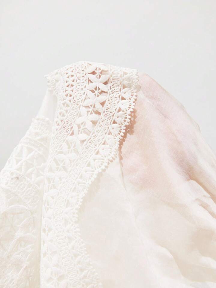 CM-TS762455 Women Trendy Bohemian Style Solid Color Stand Collar Flare Sleeve Lace Patchwork Blouse Top - White