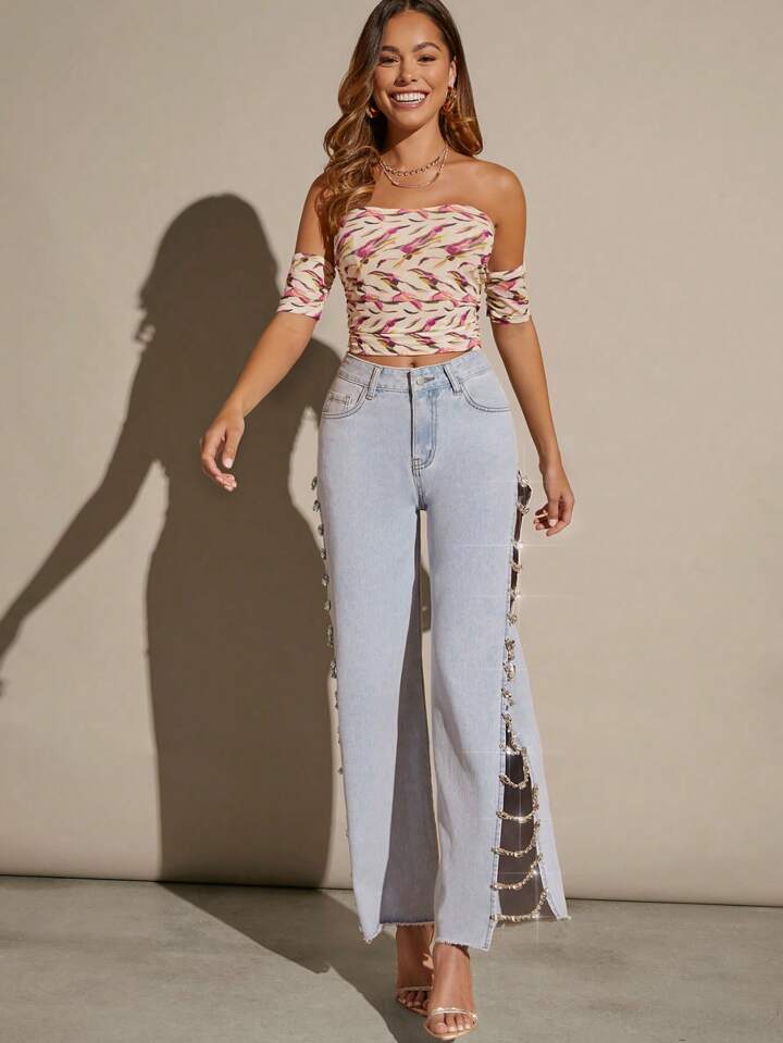 CM-BS512415 Women Casual Seoul Style Rhinestone Embellished Pockets Hollow Out Loose Fit Jeans