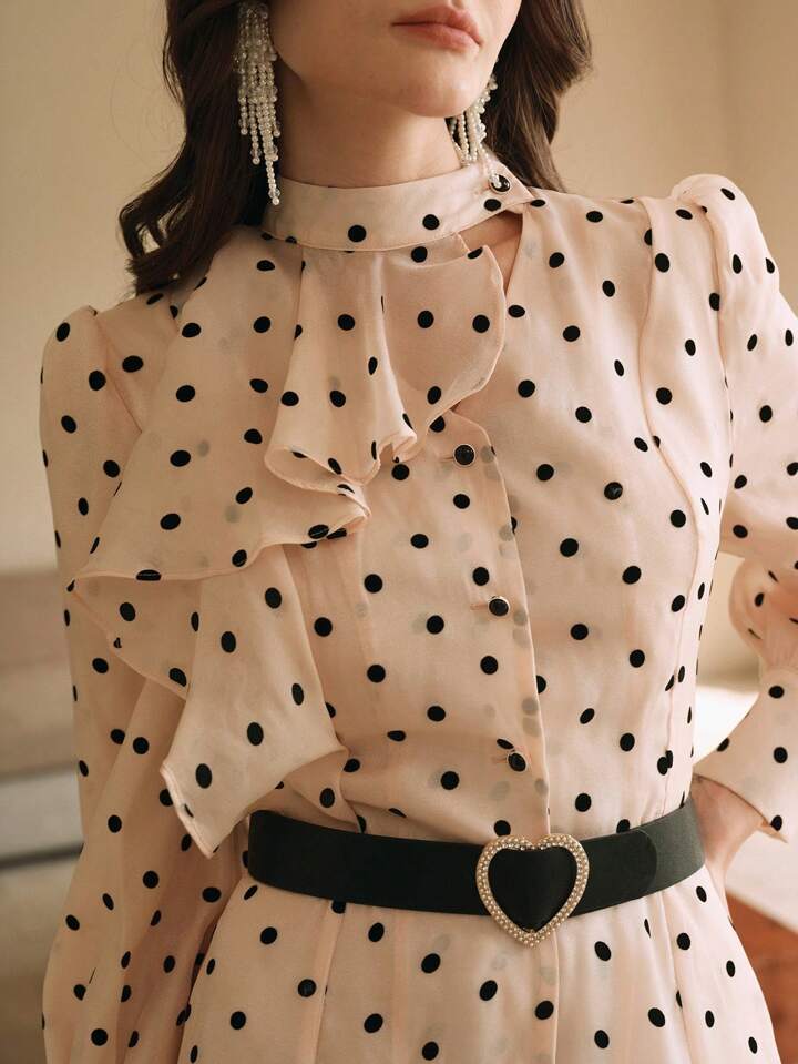 CM-DS288841 Women Elegant Seoul Style Long Sleeve Polka Dot Mock Neck A-Line Dress With Cinched Waist
