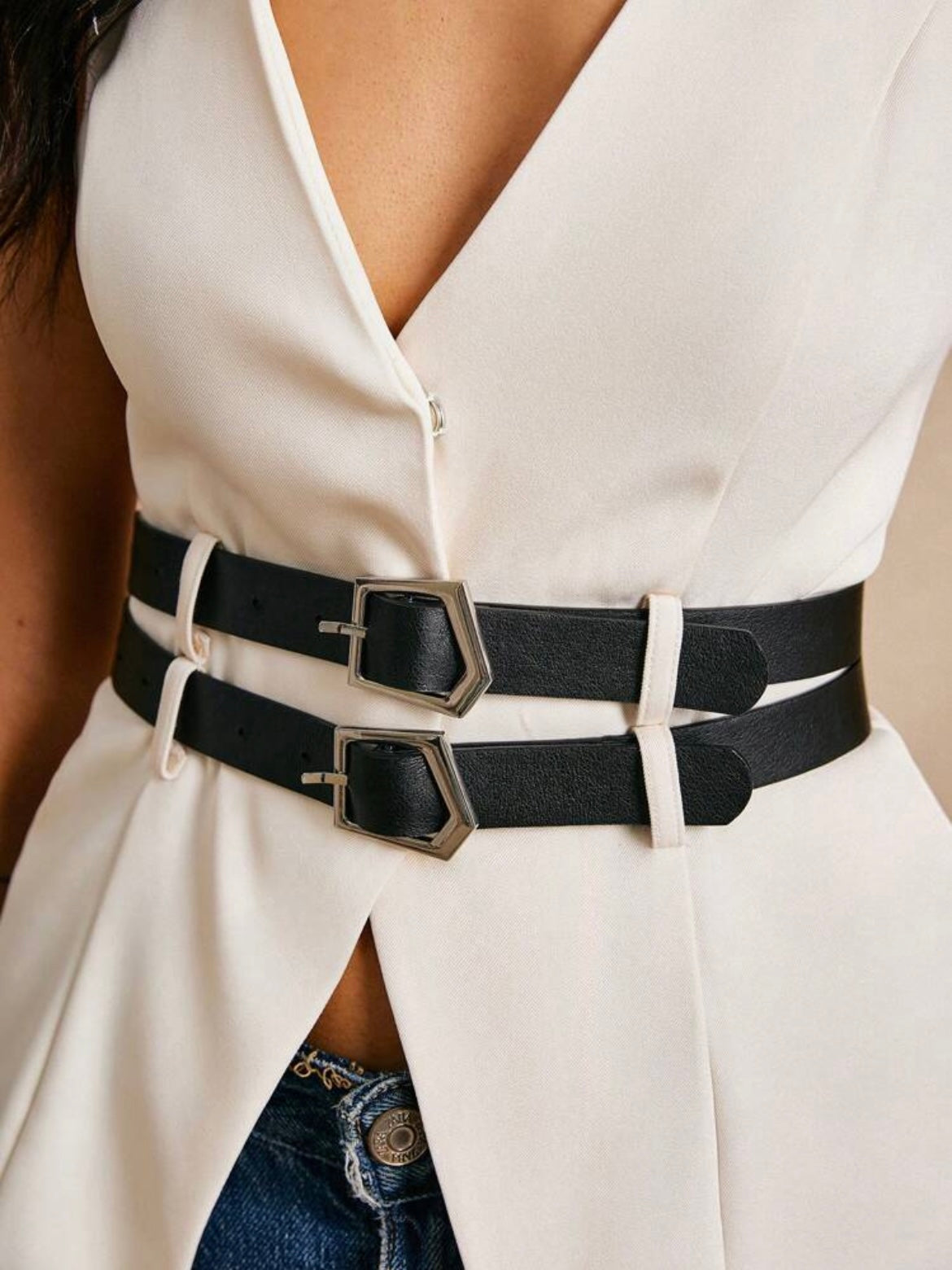 CM-TS211041 Women Casual Seoul Style Solid Color V-Neck Belted Sleeveless Blouse - Apricot