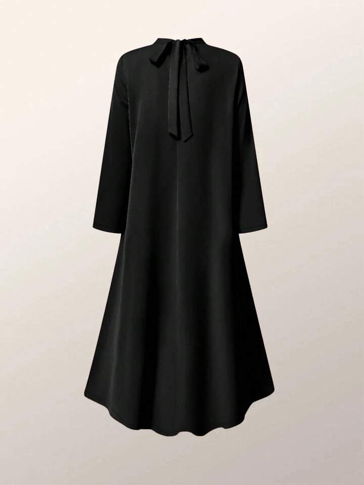 CM-DS942692 Women Elegant Seoul Style High Collar Long Sleeve Mid-Length Dress - Black