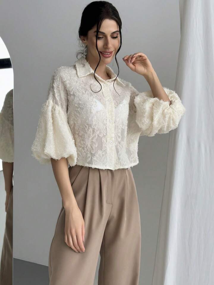 CM-TS123261 Women Elegant Seoul Style Cut-Out Floral Design Short Sleeve Shirt - Apricot