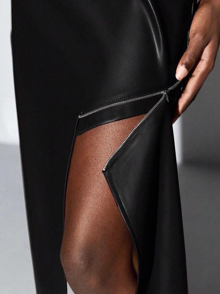 CM-BS066844 Women Elegant Seoul Style High Waist Slit Hem Skinny Skirt - Black