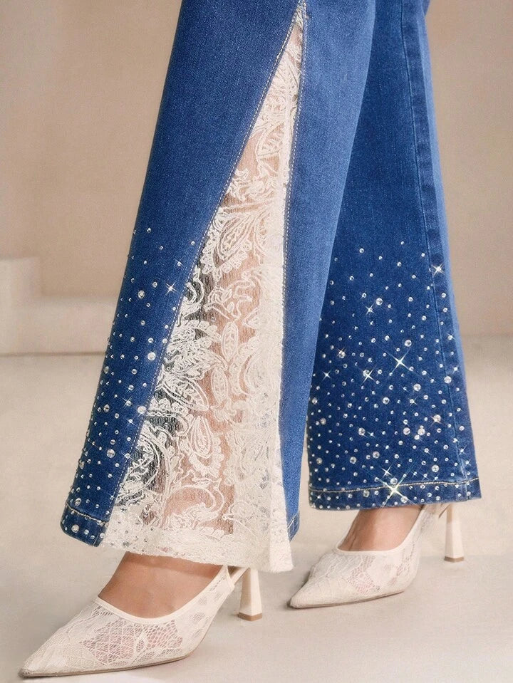 CM-BS614405 Women CAsual Seoul Style Lace Rhinestone Embellished Skinny Flared Leg Pants - Blue