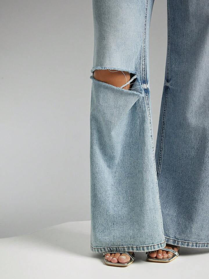 CM-BS628331 Women Casual Seoul Style Patchwork Fringe Pocket Distressed Wide Leg Loose Jeans