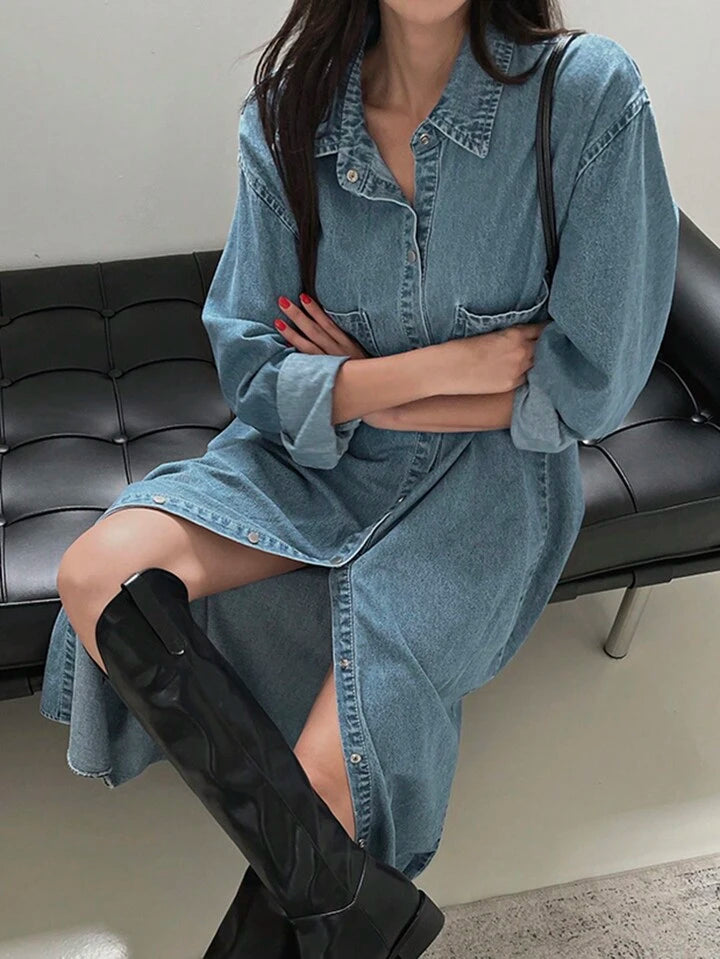 CM-DS093431 Women Casual Seoul Style Front Button Closure Dropped Shoulder Loose Denim Dress - Blue