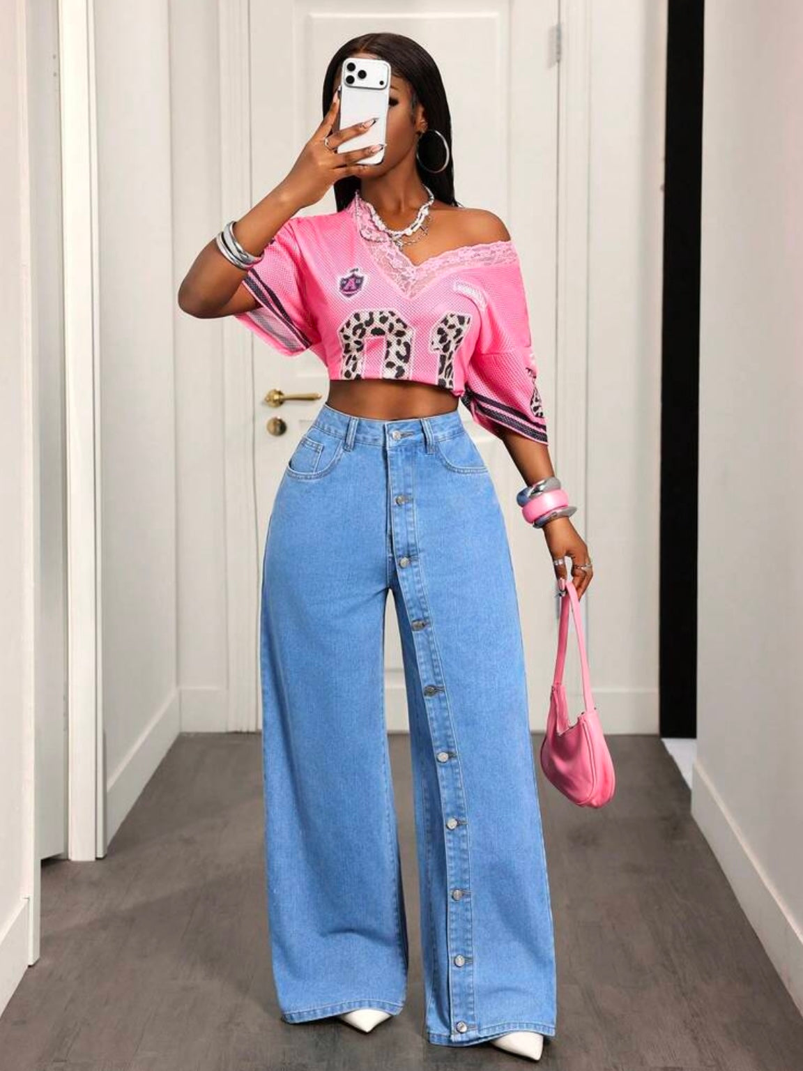 CM-BS114741 Women Casual Seoul Style Medium Wash Mid Waist Button-Up Multi-Pocket Wide Leg Denim Pants