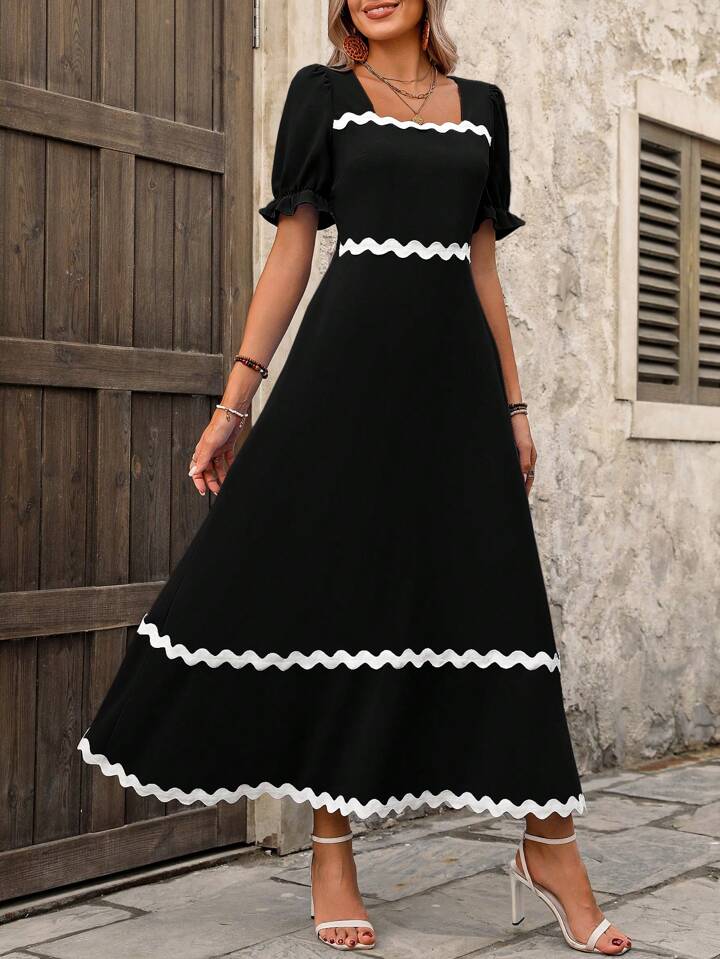 CM-DS757416 Women Trendy Bohemian Style Short Sleeve Wavy Hemline Dress - Black