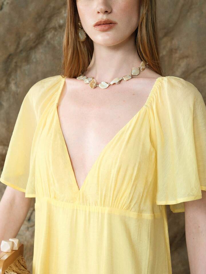 CM-DS661692 Women Casual Seoul Style V-Neck Cap Sleeve Loose High-End Splice Midi Dress - Yellow