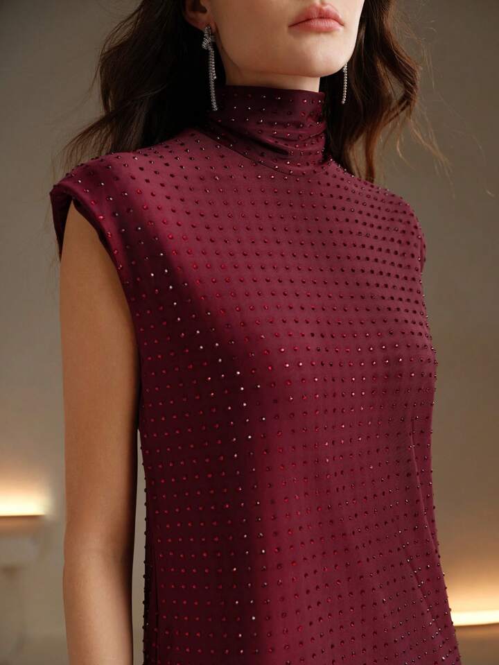 CM-DS879796 Women Elegant Seoul Style High Neck Stud-Embellished Woven Mini Dress - Burgundy