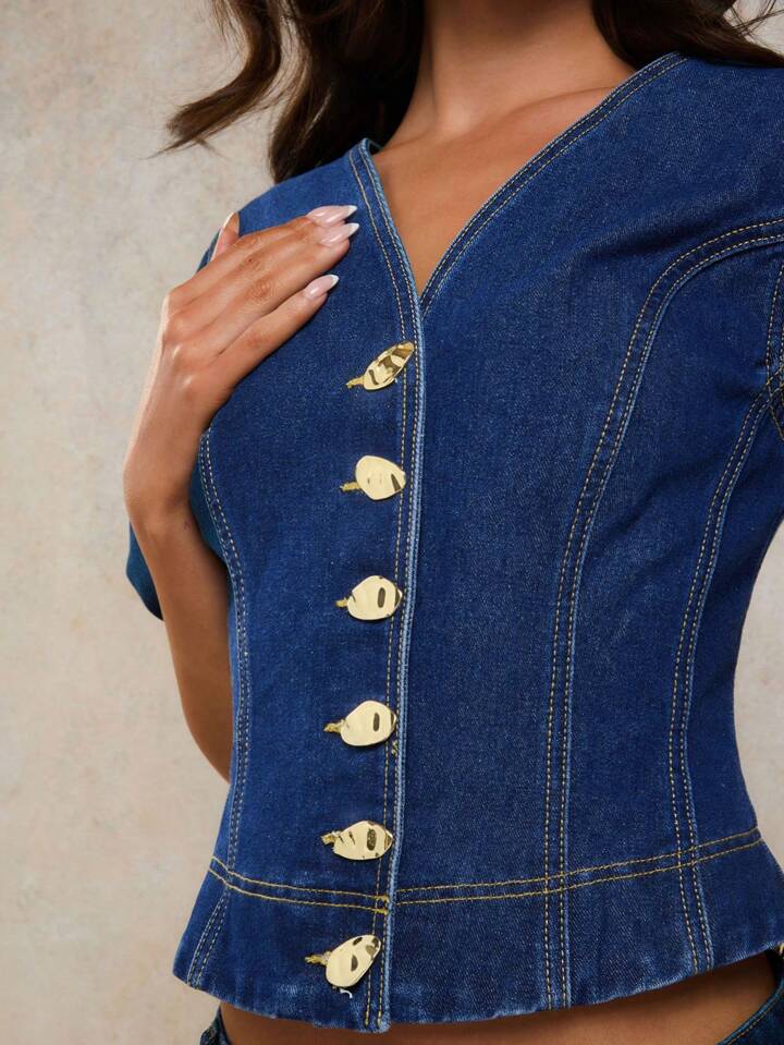CM-TS734061 Women Casual Seoul Style V-Neck Puff Sleeve Metal Button Decor Crop Top - Blue