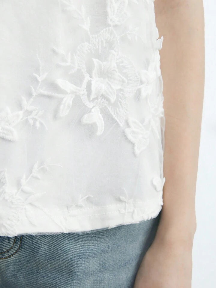 CM-TS222332 Women Casual Seoul Style 3D Floral Embroidery Round Neck Short Sleeve T-Shirt