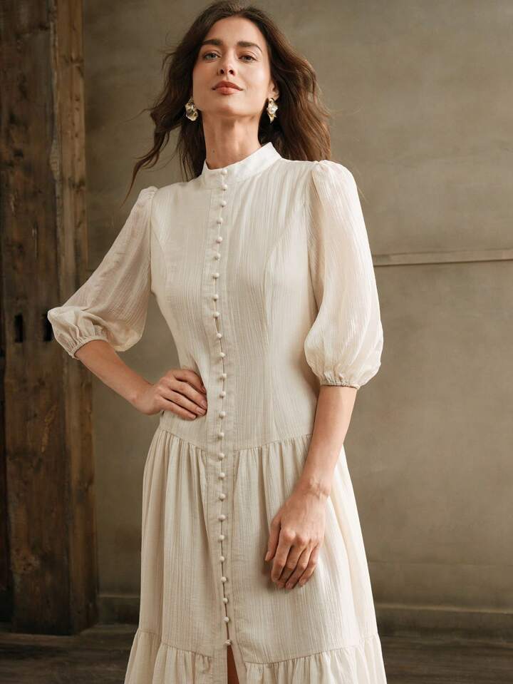 CM-DS204072 Women Elegant Seoul Style Stand Collar 3/4 Sleeve Loose Weave Midi Dress - Apricot