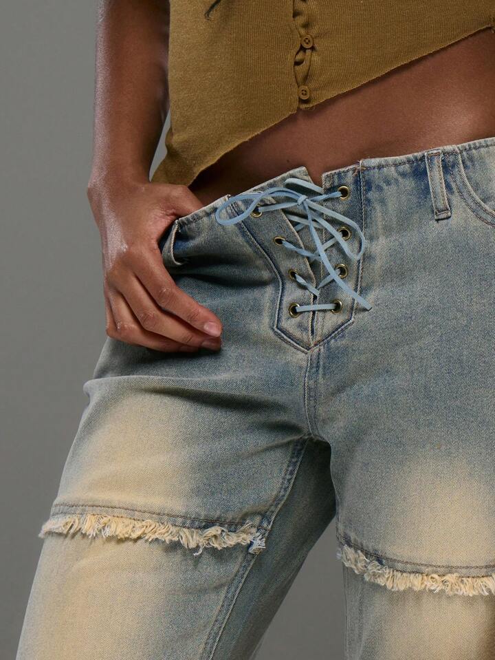 CM-BS321317 Women Casual Seoul Style Distressed Washed Tie Detail Flare Fitted Jeans