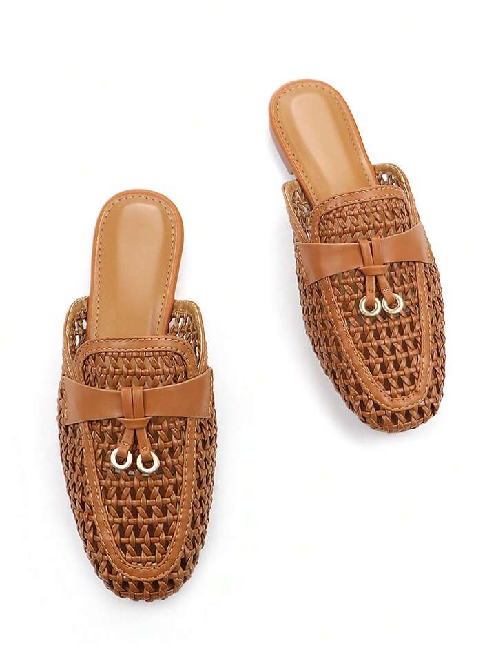 CM-SHS247373 Women Trendy Seoul Style Thin Strap PU Square Toe Slip-On Flat Mules - Brown